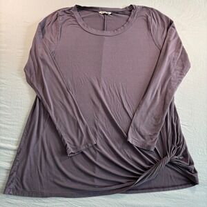 KyeMi Women Purple Long Sleeve Side Knot Twist Hem Scoop Neck Jersey Top Large